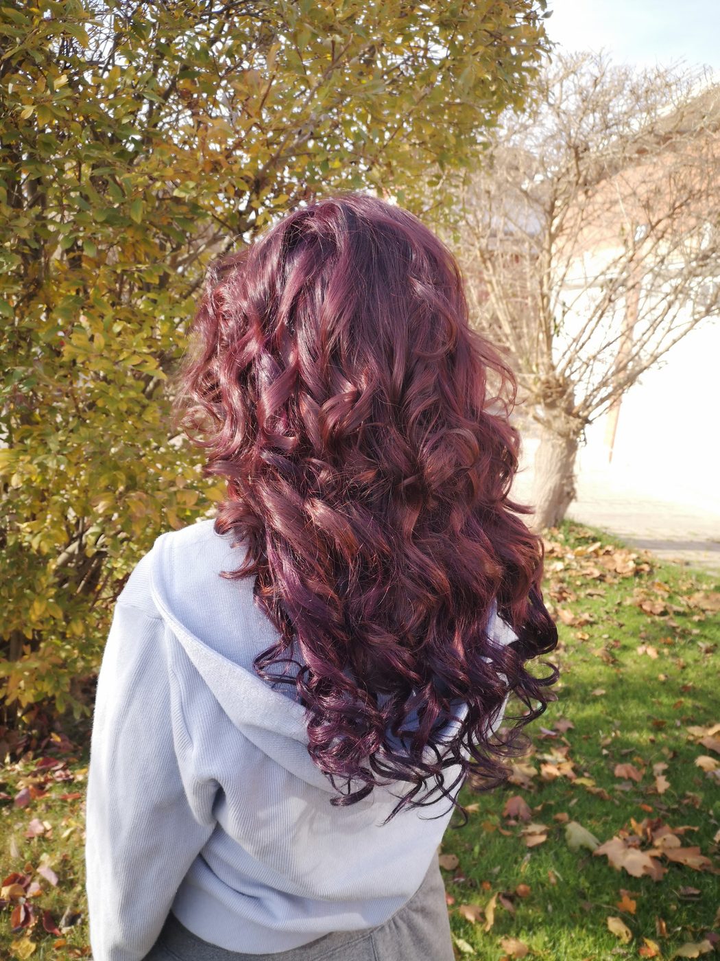 Long burgundy curls with violet and copper tones